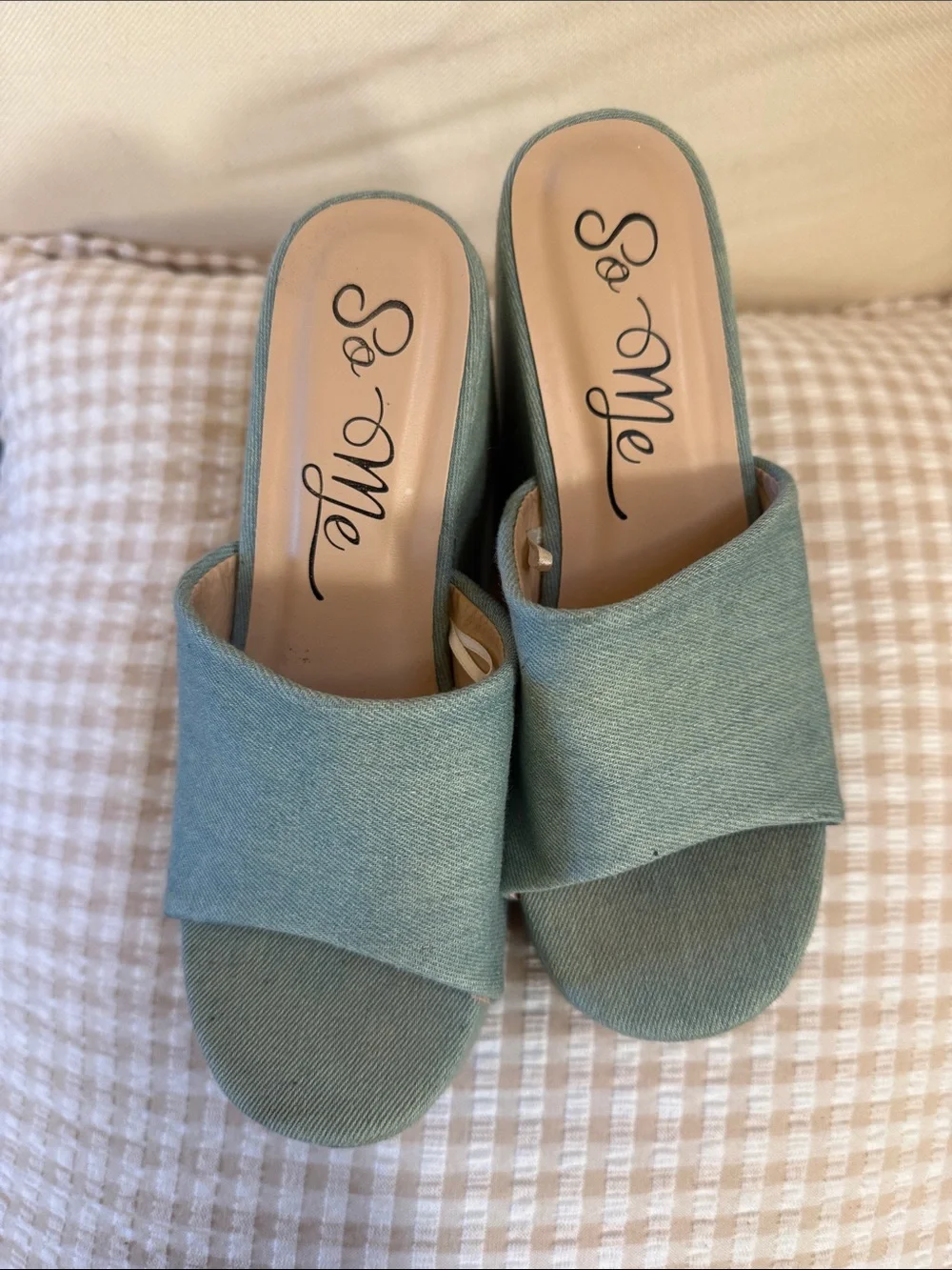 So Me Teal Denim Platform Slide Heels